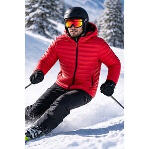 Rossignol Mens Coat 2X Red Duck Down Puffer Hooded‎ Jacket Ski Snowboard